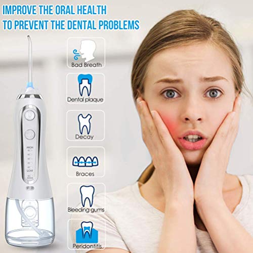 Water Flosser Cordless Oral Irrigator Portable Rechargeable Dental Flossers with 5 Modes & 6 Tips Water Flossing with 300ml Water Tank for Home and Travel, Braces & Bridges Care