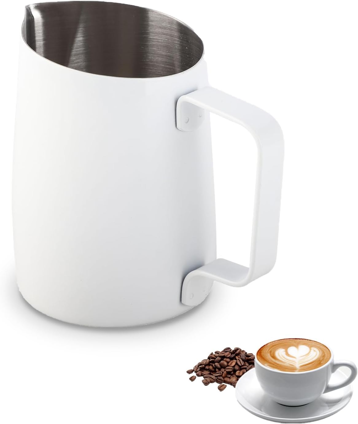 420ml/14oz Milk Frothing Pitcher, Stainless Steel Coffee Frother Cup Steaming Pitchers Latte Art Tools for Milk Coffee Cappuccino Latte Art White