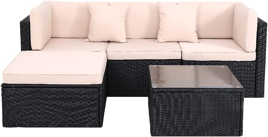 Panana Modular Rattan Garden Sofa Set, 4 Seater Freely Configurable Outdoor Sectional Furniture with Coffee Table, Cushions, Free Cover for Patio Conservatory (Black Rattan with Beige Cushions)