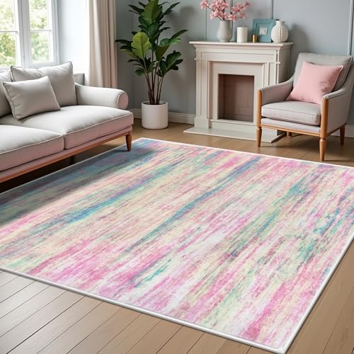 KOZYFLY Pink Nursery Rug for Baby Girl, Washable Thin Area Rugs 5x7 for Kids Bedroom Dorm Playroom, Non-Slip Faux Wool Soft Low Pile Living Room Rug for Dining Room, Kitchen Bathroom