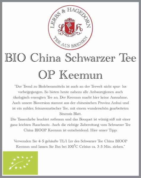 Lerbs & Hagedorn, Schwarzer Tee China BIO OP Keemun | Würzig-Süß Leichte Rauchnote 1kg (ca. 81 Liter) Orange Pekoe