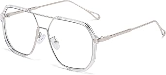 LJCZKA Square Blue Light Blocking Glasses Women Men 70s Pilot Metal Frame Oversized Double Bridge Computer Gaming Eyeglasses Anti Eyestrain Clear Lens