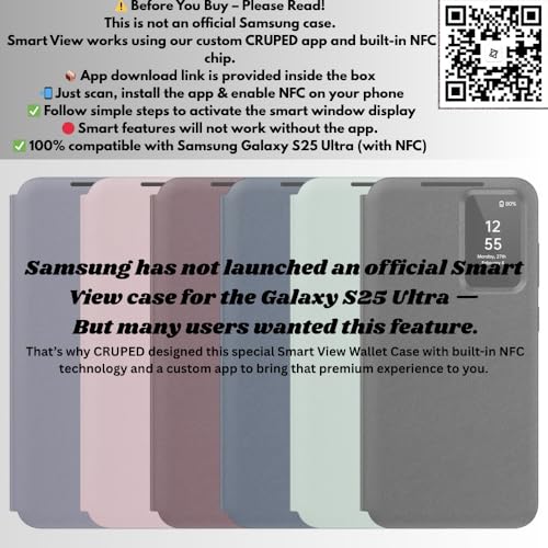 Image of CRUPED Ultra Hybrid Smart View Wallet Case for Samsung Galaxy S25 Ultra | Flip Leather Cover with NFC Display Activation via App | Magnetic Closure | Card Holder | Stand Feature (Titanium Gray)