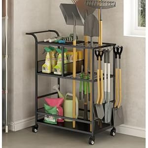 GILLAS Garden Tool Organizer Cart, Yard Tool Organizer for Garage, Up to 35 Long-Handled Tool Storage Rack, Yard Tool Holder for Rakes/Brooms/Shovles, Outdoor Use Garden Tool Utility Cart