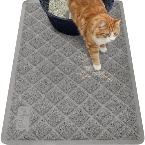 GORILLA GRIP Cat Litter Box Mat, 35x23, Water Resistant, US Designed Kitty Litter Trapping Mats, Easy to Clean, Scatter Control, Less Mess and Clean Floors, Kitten Supplies for Indoor Cats, Gray