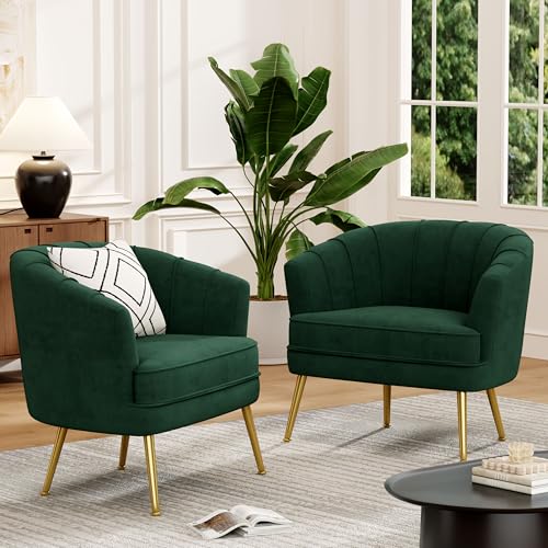 Andeworld Velvet Accent Chair Set of 2, Upholstered Modern Single Sofa Side Chair,Comfy Barrel Club Living Room Armchair with Golden Metal Legs for Bedroom Living Reading Room Office, Green
