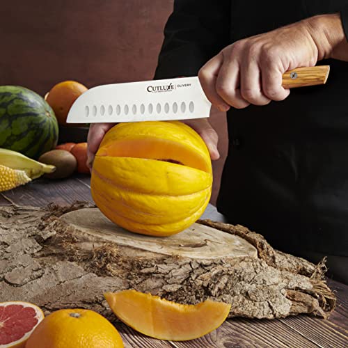 Cutluxe Santoku Knife – 7" Chopping Knife – Olive Wood Handle – Full Tang – Olivery Series #TOP5