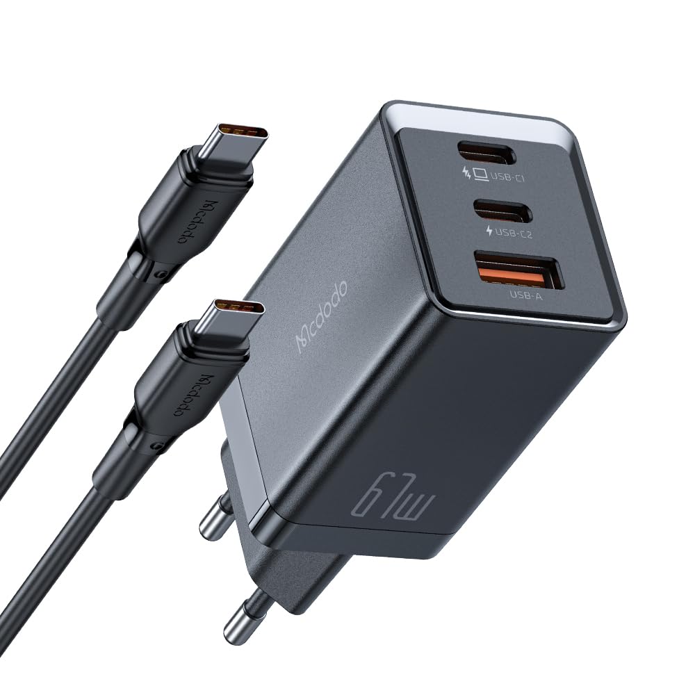Mcdodo 67W GaN Charger Kit For Laptop ipad Mobile macbook - 3 Ports FAST Charging C1 & C2 Blind Insert 67W With Type-c to Type-c Cable 2m (65W PD + Cable)