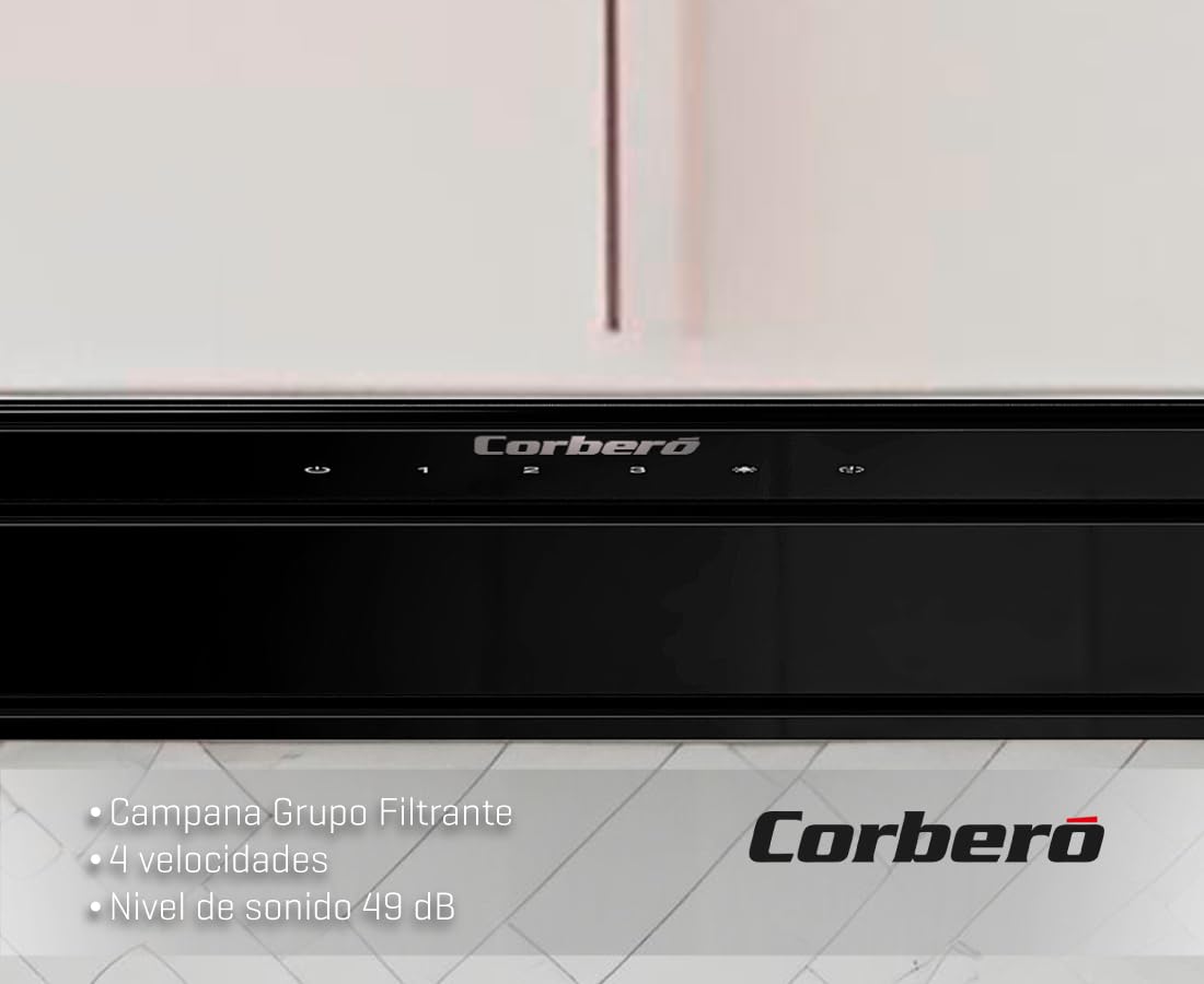 Corberó - Campana Extractora Grupo filtrante 52cm | MAURICIO5275B | 581 m3/h | 68db| 233W| Control Touch | 3 Velocidades | Luz LED | Filtros Aluminio y Carbón | Cristal Negro
