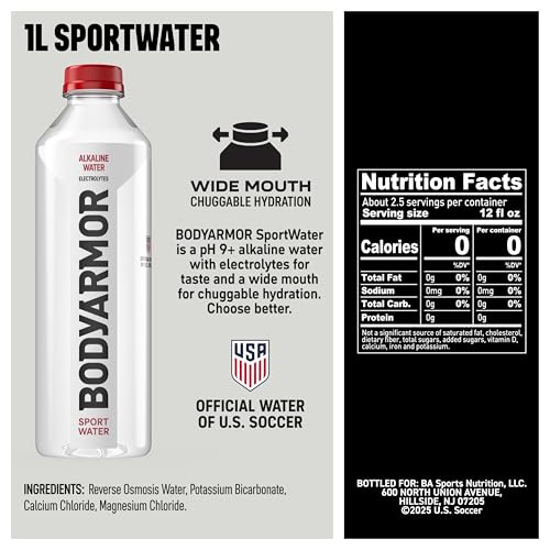 Image of BODYARMOR SportWater Alkaline Water, Superior Hydration, High Alkaline Water pH 9+, Electrolytes, Perfect for your Active Lifestyle, 1 Liter (Pack of 6)