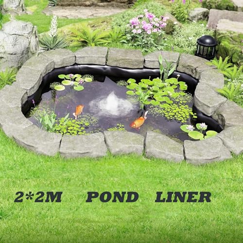 BOELLRUNO PVC Teichfolie 2M X 2M Schwarz HDPE Teichfolien Schwerlast, Dichtungsfolie Teichmembran Schwimmteich Folie Gartenteich Teichplane für Fischteiche Brunnen Wassergarten und Wasserfall (A)