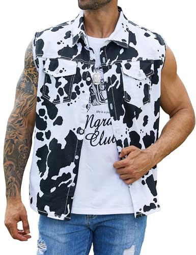 Cow Print Vest Men Sleeveless Cowboy Jacket Animal Pattern Shirt Western Tops Halloween Outfit