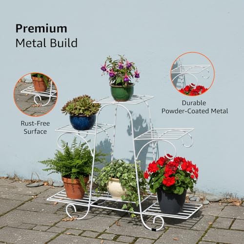 Image of Amazon Basics Metal Planter Stand for Living Room, Indoor Outdoor Plant Stand for Balcony and Home Decor, Holds 6 Planters, White