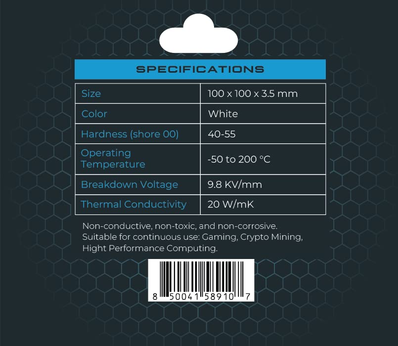 XPC High Performance 20W/mK Thermal Pad T20 Series, 100 x 100mm, White, 0.5mm to 3.5mm Thickness, Non-Conductive for GPU, Electronics, Computer Parts (3.50mm)