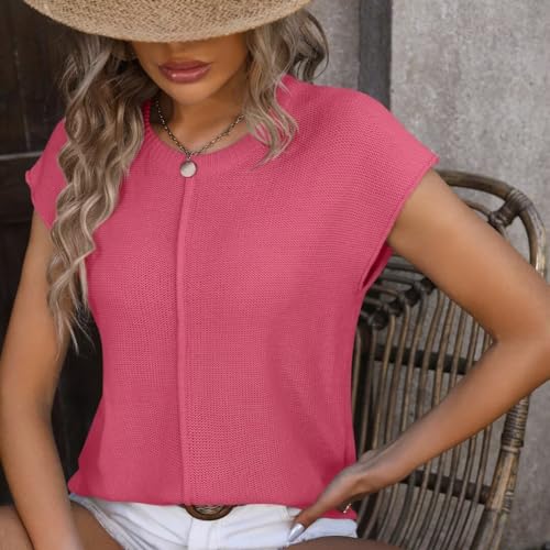 Image of Womens Lightweight Knit Top Cap Sleeve Crew Neck Shirt | Lightweight textured knit top with relaxed fit and cap sleeves, light colors may perspective