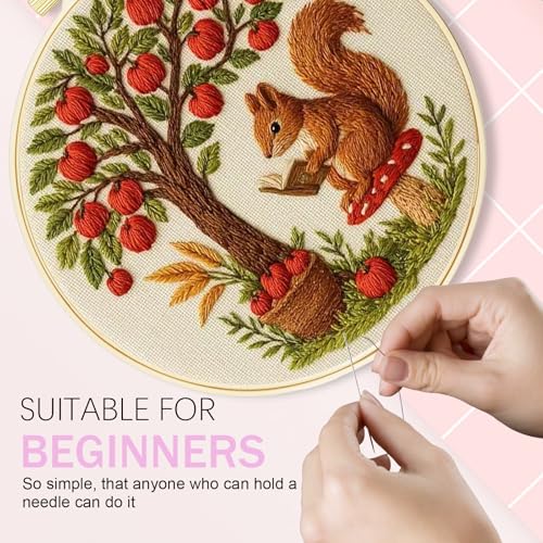 Image of Huacan Beginner Embroidery Kit for Adults, Easy to Learn Squirrel Embroidery Patterns Instruction, Needlepoint Kits for Adults Include Embroidery Hoop, Colorful Threads, Tools