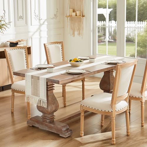 Image of ZeeMart Macrame Style Bicolor Stitching Table Runner, 14 x 60 Inch Taupe /Ivory, Boho Beige Table Runners 60 Inches Long, Farmhouse Woven Home Decor
