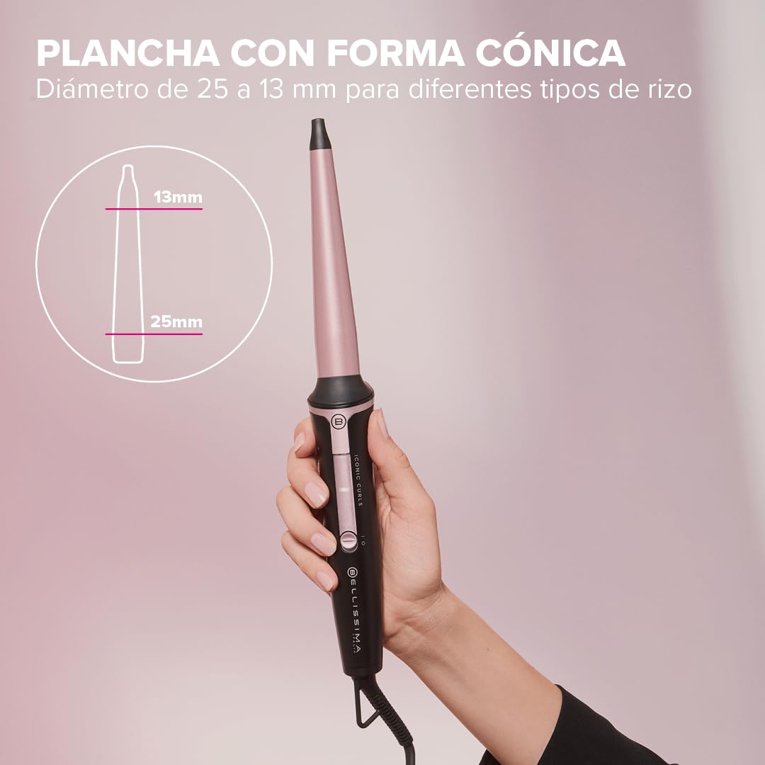 Bellissima Iconic Curls, rizador, revestimiento cerámico, forma cónica para rizos suaves y puntas definidas, temperatura 150°C/210°C, diámetro 13/25 mm, guante térmico