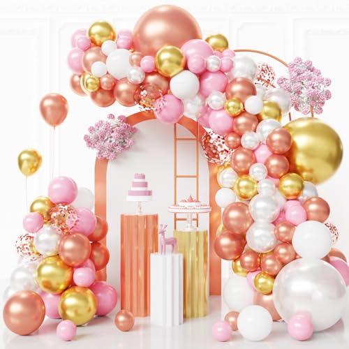 Image of Rose Gold Balloons Arch Kit,130pcs Pearl Metallic Rose Gold Balloon Garland,Different Sizes White and Gold Latex Balloons for Wedding Bridal Baby Shower Birthday Party Decorations for Women