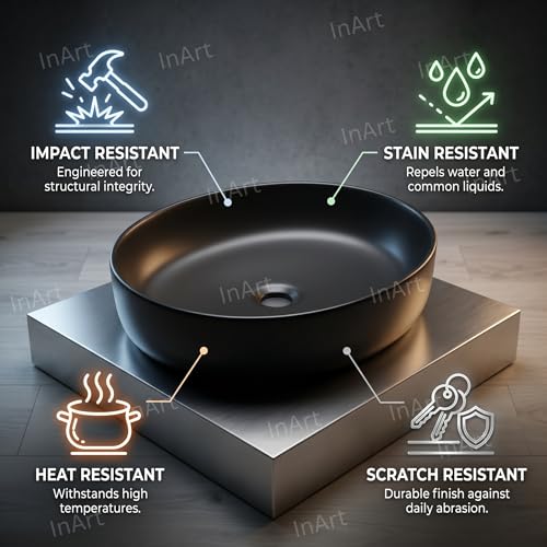 Image of InArt Ceramic Tabletop Wash Basin | Oval Above Counter Art Basin for Bathroom and Dining Area | Size: 22 x 16.5 x 5.5 Inches - Black (Matte Finish)