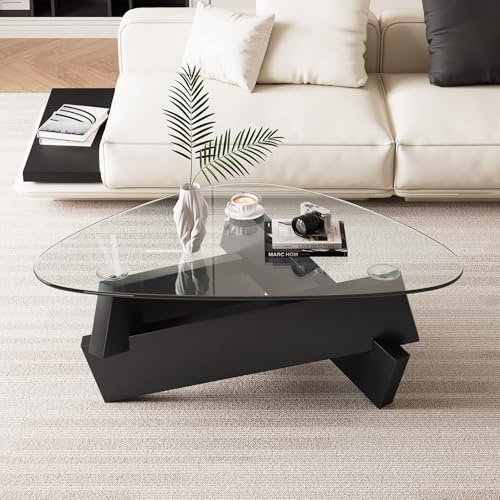 Modern Mid Century Triangle Glass Coffee Table Black Center Table with Tempered Glass Top Unique Natural Wood Tea Table for Living Room 35.5'' x 27.5'' x 15.7'' for Small Spaces, Rustic