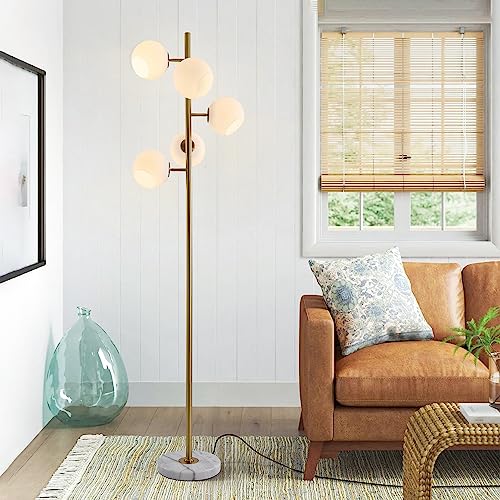 Image of BOKT Gold Mid Century Modern Floor Lamp 5-Lights Glass Globe Floor Lamp Antique Brass Floor Lamps Contemporary Tall Free Standing Reading Lamp for Bedroom Living Room