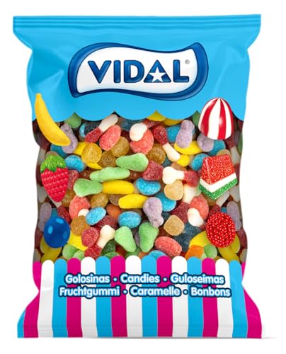 Vidal Golosinas. Mini Mix Azúcar. Surtido de golosinas con forma de frutitas mini recubiertas de azúcar. Multicolor. Sin Gluten. Bolsa 1 kg