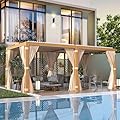 EROMMY Louvered Pergola 10' x 20' Outdoor Hard Top Gazebo with Wooden Grain Aluminum Frame and Adjustable Metal Rainproof Roof for Garden & Patio, Curtains and Netting Included, Wood Grain