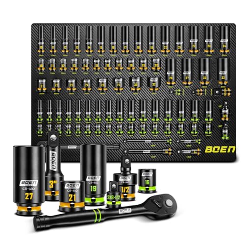 BOEN Pro 80-Pieces 1/2 & 3/8 Drive Master Impact Socket Set 6 Point Metric Deep & Shallow Sockets (8-32mm) Cr-Mo Includes 1/2 Drive 90-Tooth Handle Wrench for High-Torque Applications