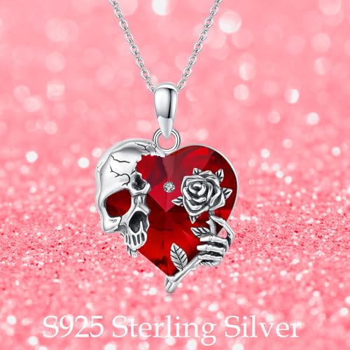 Image of S925 Sterling Silver Skull Pendant Necklace Heart Crystal Birthstone Skull Necklace Gothic Jewlery Gifts