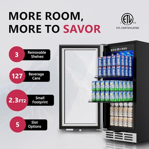 15'' Beverage Refrigerator Cooler - 126 Cans Under Counter Beverage Fridge with LED Light, Built-in Design, Wine Cooler for Home/Kitchen