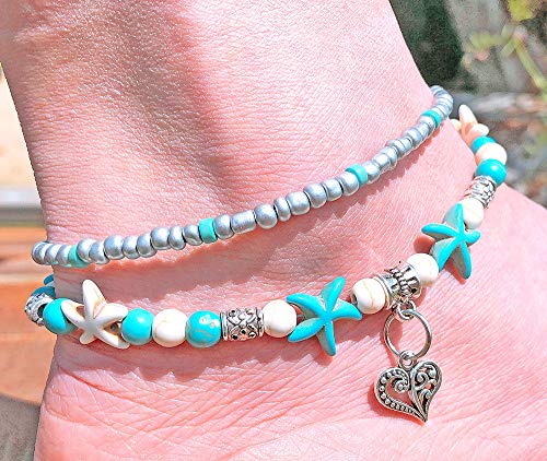 Image of Softones Blue Starfish Turtle Anklet Multilayer Charm Beads Sea Handmade Boho Anklet Foot Jewelry for Women