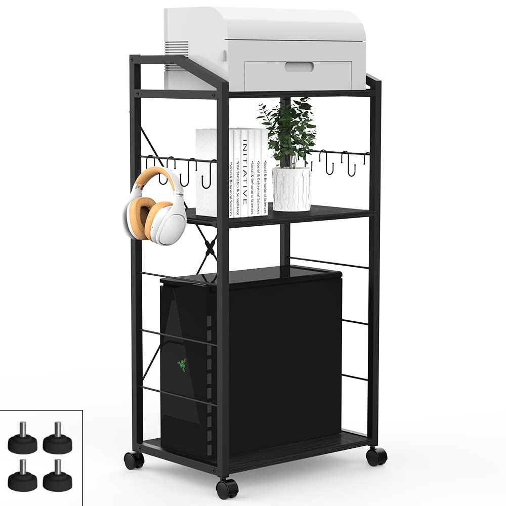 Photo 1 of VEDECASA Large 3-Tier Mobile Printer Stand Computer Tower Stand PC Stand CPU Stand Retro Farmhouse Wood Printer Shelf for Home Office Kitchen Organizer Storage with 8 Hooks Caster Wheels (Black)