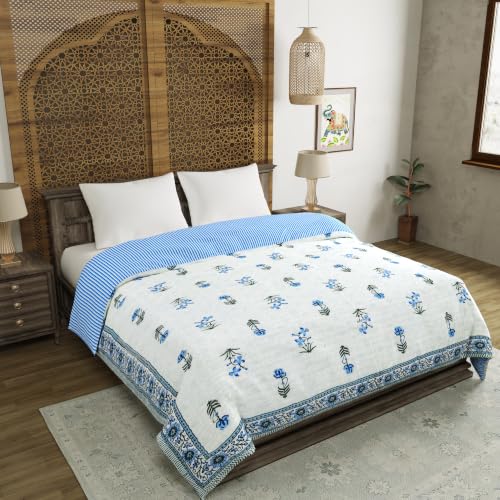 Image of BLOCKS OF INDIA Hand Block Printed Cotton King Size Quilt /Rajai | Blue Green FLR