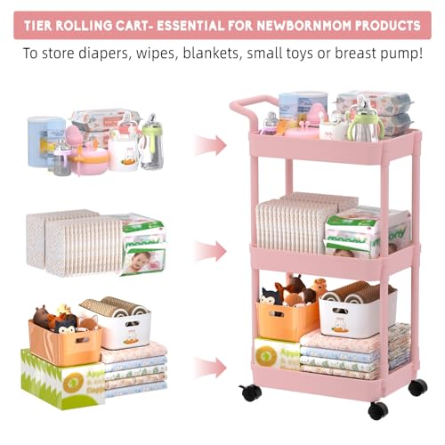 Image of Volnamal Diaper Caddy - Plastic Diaper Organizer for Nursery Essentials, Baby Organizers and Storage, Movable Cart for Changing Table & Crib, Baby Registry Search, Pink