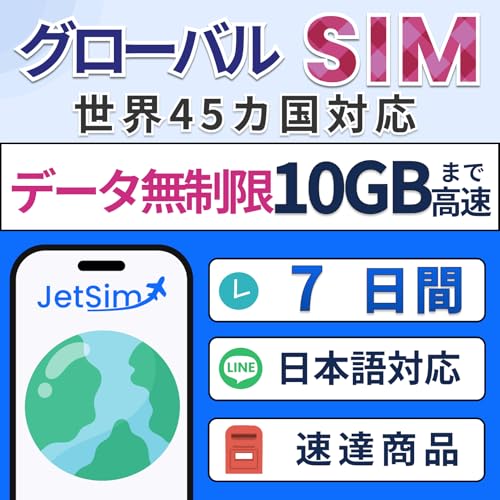 �O���[�o�� 45�J�� SIM�J�[�h �A�����J �C�M���X �t�����X �X�y�C�� �Ή� 7���� �f�[�^10GB Jet Sim ����SIM ������