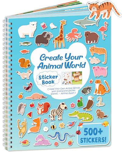 Zartores 500+ Sticker Book for Kids Coloring & Activity Sticker Book Toddler Airplane Travel Toys Gifts Road Trip Essentials Screen Free Quiet Games 12 Coloring Pages 12 Scenes - Animal