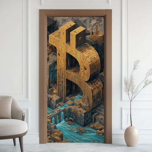 Calcomanías de metal Bitcoin para puerta, adhesivo de ciudad de río, papel pintado artístico para puerta, decoración autoadhesiva, calcomanías de puente industrial, murales de vinilo impermeables y