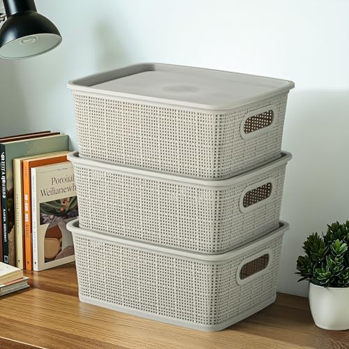 Kuber Industries 3 Pcs Plastic Medium Solitaire Storage Basket with Lid & Handle for Wardrobe | Rectangular Storage Box for Stationery & Toys | Vogue-3 | Grey
