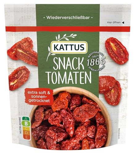 Kattus - getrocknete Snacktomaten - verzehrfertige sonnengereifte Tomaten in wiederverschließbarem Beutel für Salate Pasta Pizza und Co. - 100 g im Beutel