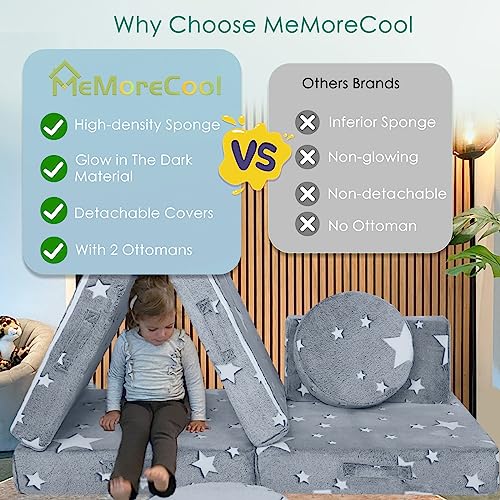 MeMoreCool Kids Couch Glow Sofa Modular Toddler Couch for Playroom, 8-Piece Fold Out Baby Couch Play Set, Children Convertible Sofa Foam Couch