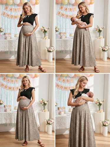 Image of OUGES Women's Maternity Dress Summer Ruffle Sleeve Patchwork Casual Flowy Maxi Dresses with Pockets
