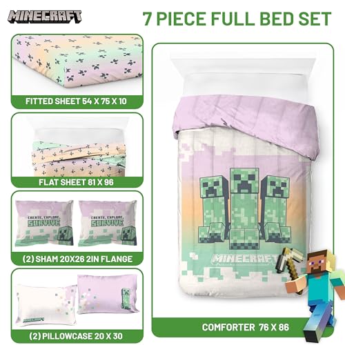 Image of Minecraft Creeper Full Size Comforter Set 7 Piece Kids Bedding, Pink | Gaming, Bed in a Bag, Comforter Sheets Shams Pillowcases, Official Product, Soft Microfiber, Machine Washable, Girls Gift