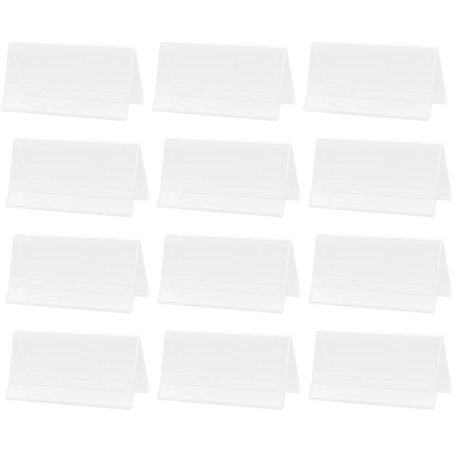 Placas de identificación de escritorio de 3.9 x 7.9 pulgadas, 12 letreros acrílicos de doble cara, soportes de exhibición