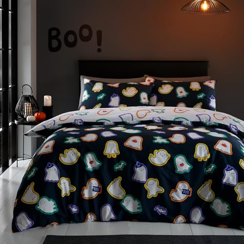 Catherine Lansfield Halloween Ghosts Reversible Double Duvet Cover Set with Pillowcases Black