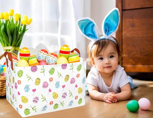 Image of Rectangle Empty Easter Baskets Boy Large Toy Storage Bin Girls collapsible Hamper Waterproof Canvas Box Kid Gifts Spring Decor( Brief Strokes Egg )