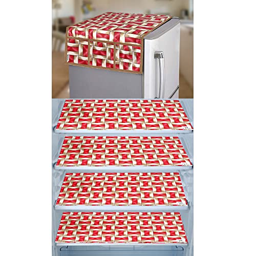 Image of Polyester 3-Layered Fridge Top Cover /Refrigerator Cover with Utility Pockets and Set of 4 Pc Fridge Mats (Color-Red, Size-39x21 Inches)