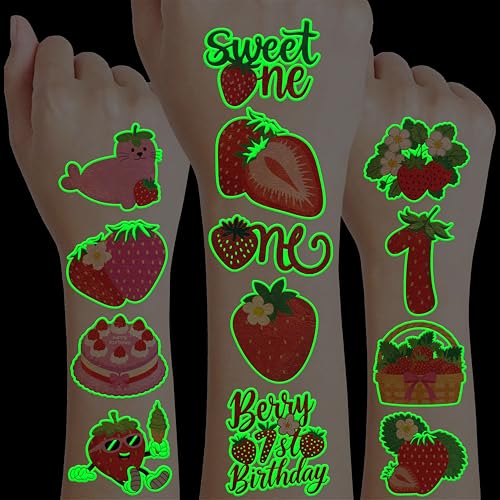 Image of 96 PCS Strawberry Berry Pre-Cut Glow in the Dark Temporary Tattoos for Kids | Luminous Super Cute 1st Themed Birthday Party Favors, Supplies, Decorations, Fake Tattoo Stickers Gifts for Boys Girls