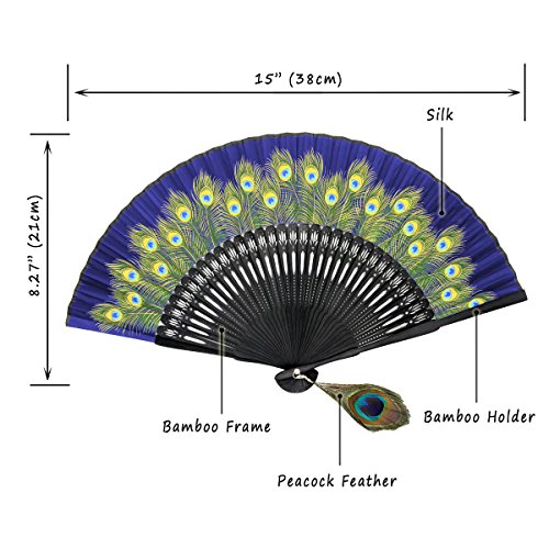 Omytea Hand Held Folding Fan For Women Peacock Chinese Japanese Oriental Asian Style - For Wedding, Dancing, Church, Party, Gifts (Blue) #TOP1