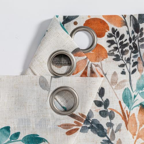 Image of MYSKY HOME Floor to Ceiling Linen Floral Curtains 102 Inch Length 2 Panels Semi Sheer Light Filtering Farmhouse Leaf Printed Window Grommet Drapes for Dining Room, 52 inch W Each Panel, Burnt Orange